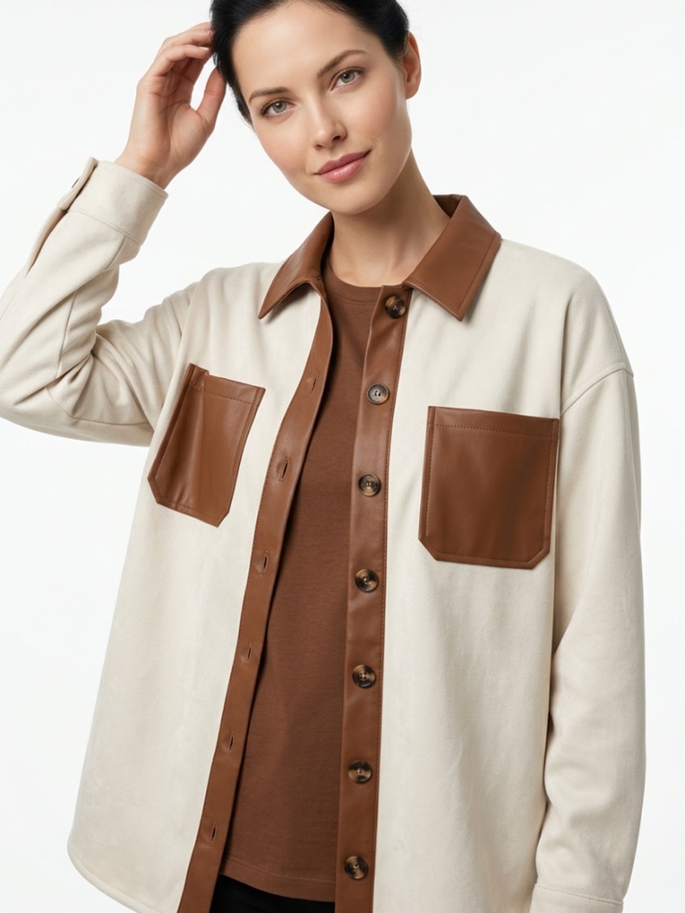 HEM & THREAD • Cream Brown Faux Leather Contrast Pocket Shacket Medium